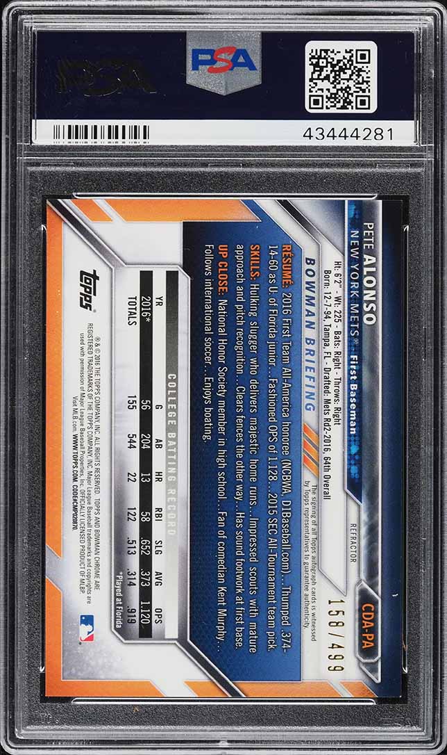 2016 Bowman Chrome Refractor Pete Alonso ROOKIE RC AUTO /499 PSA 10 GEM MINT