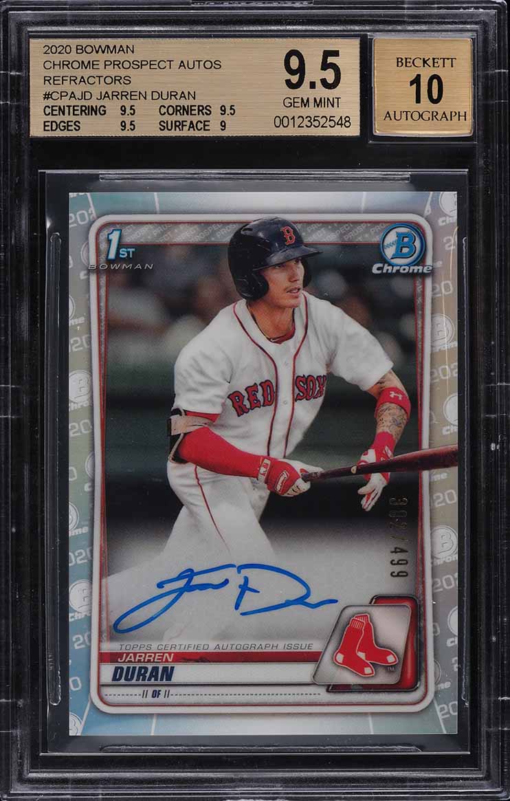 2020 Bowman Chrome Refractor Jarren Duran ROOKIE AUTO /499 #CPA-JD BGS 9.5 GEM