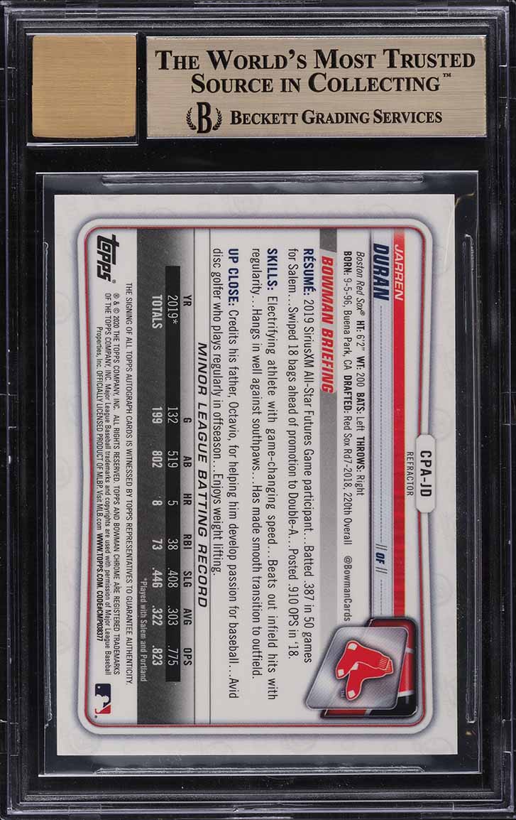 2020 Bowman Chrome Refractor Jarren Duran ROOKIE AUTO /499 #CPA-JD BGS 9.5 GEM