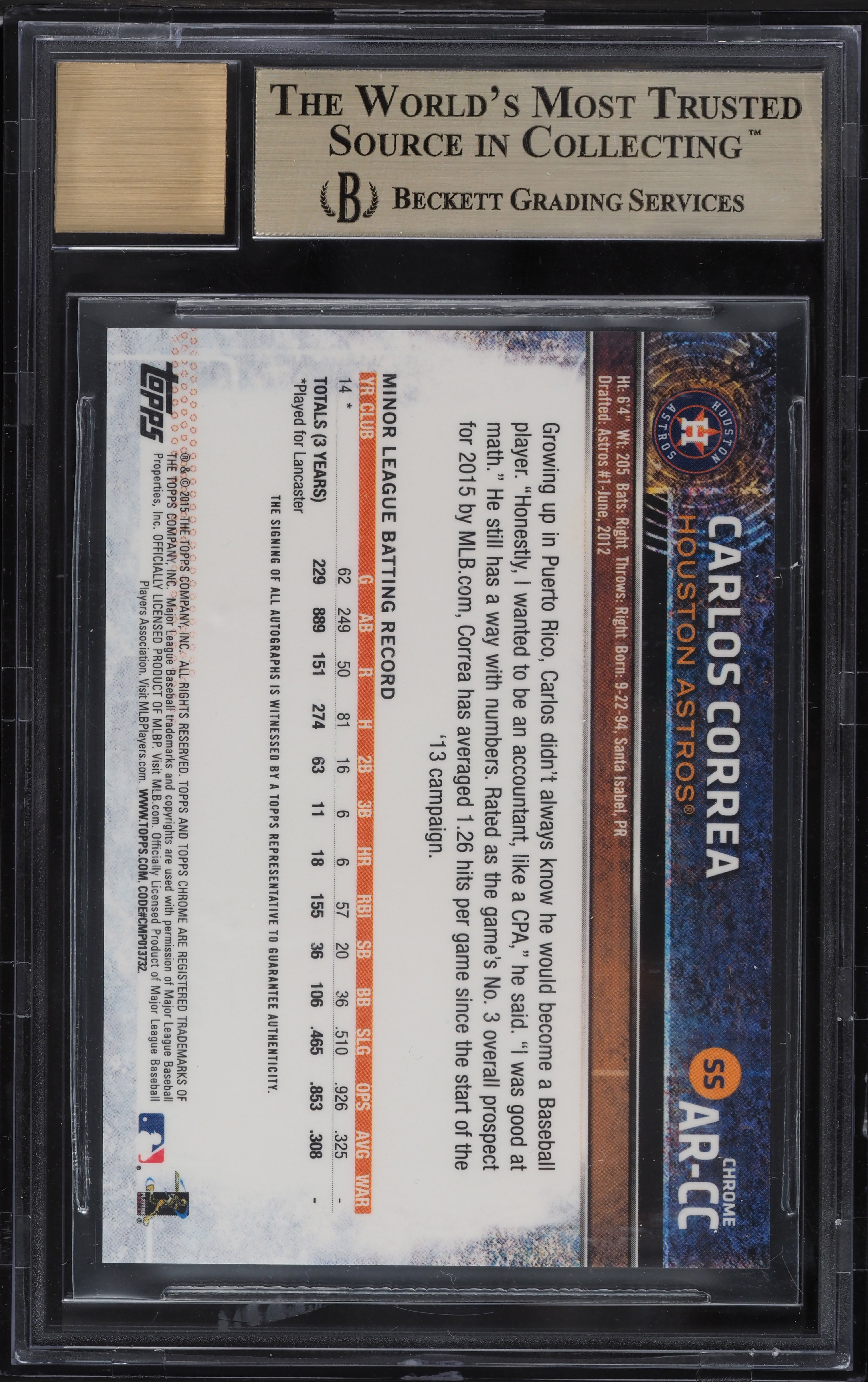 2015 Topps Chrome Carlos Correa ROOKIE RC AUTO #ARCC BGS 9.5 GEM
