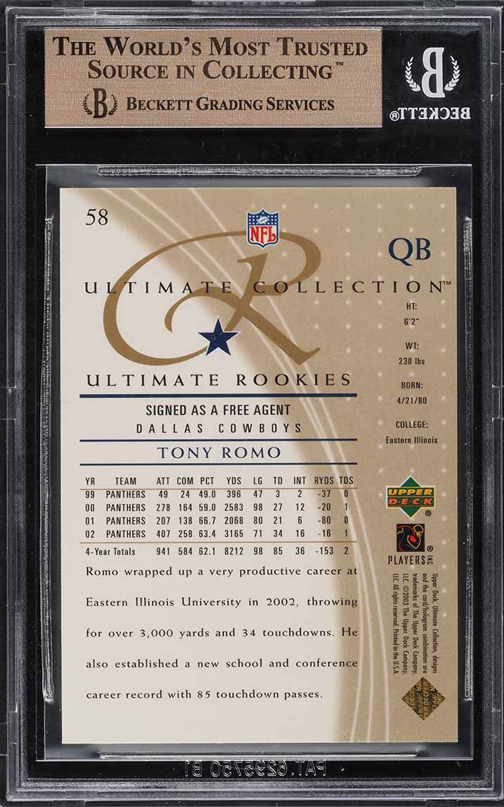 2003 Ultimate Collection Gold Tony Romo ROOKIE /75 #58 BGS 9.5 GEM MINT