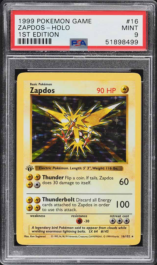 1999 Pokemon Base Set Shadowless 1st Edition Holo Zapdos #16 PSA 9 MINT on  Fanatics Collect