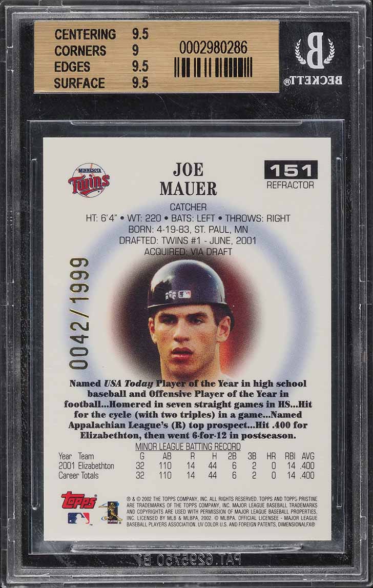 2002 Topps Pristine Refractor Joe Mauer ROOKIE /1999 #151 BGS 9.5 GEM MINT