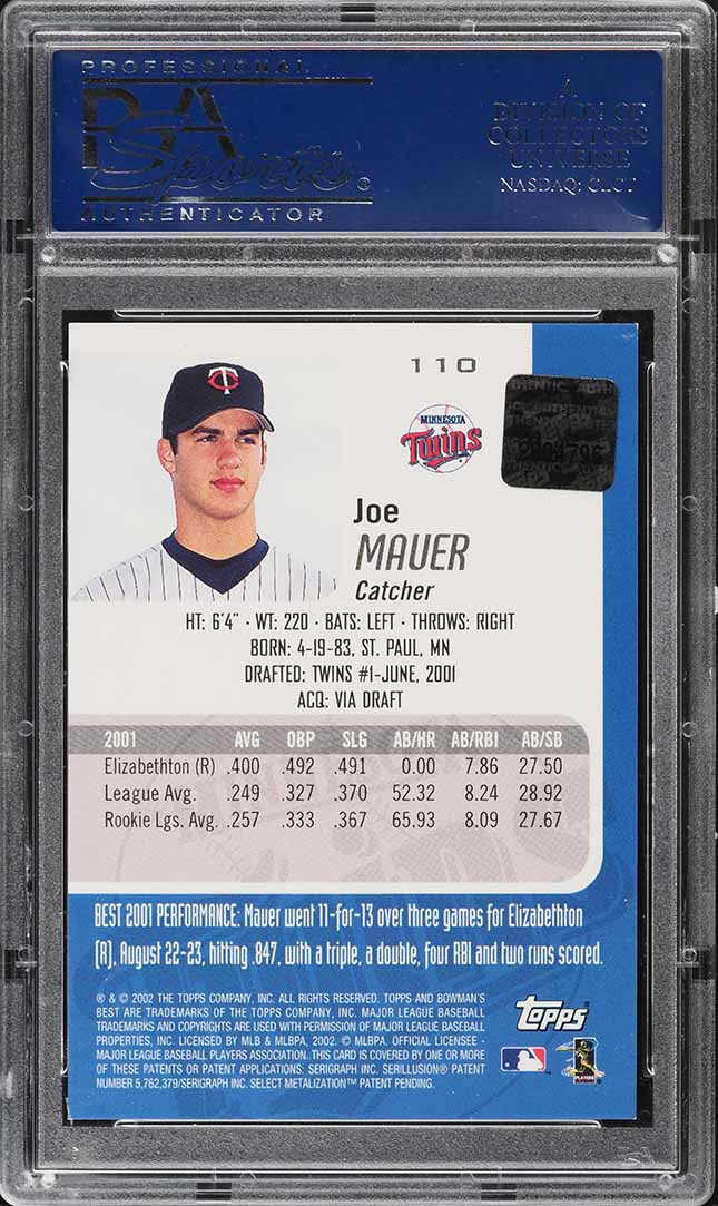 2002 Bowman's Best Blue Joe Mauer ROOKIE RC AUTO #110 PSA 9 MINT