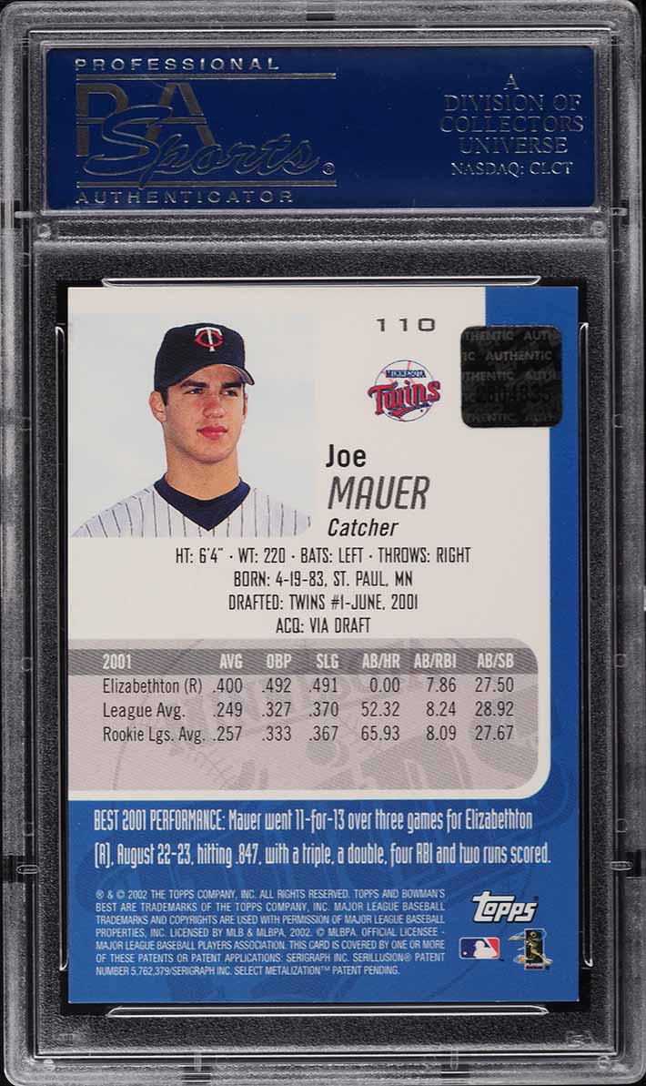 2002 Bowman's Best Blue Joe Mauer ROOKIE RC AUTO #110 PSA 9 MINT
