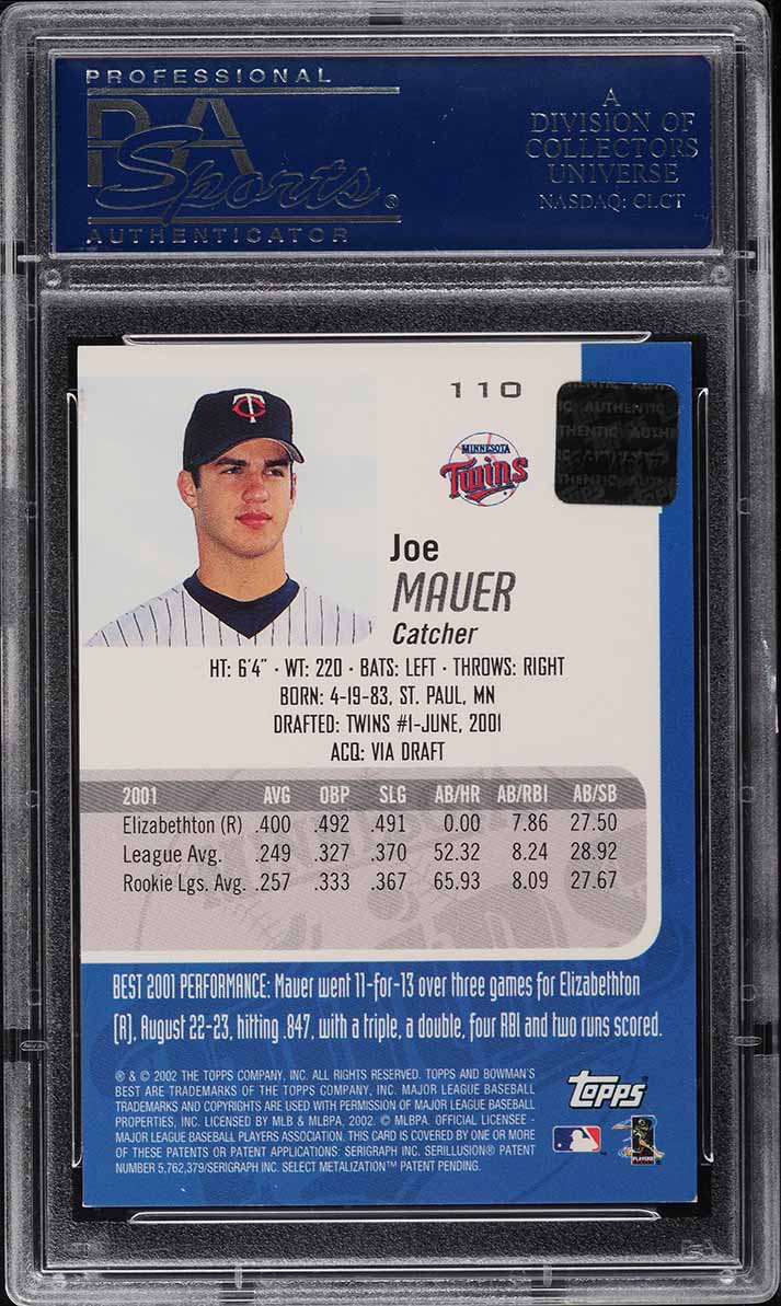 2002 Bowman's Best Blue Joe Mauer ROOKIE RC AUTO #110 PSA 8.5 NM-MT+