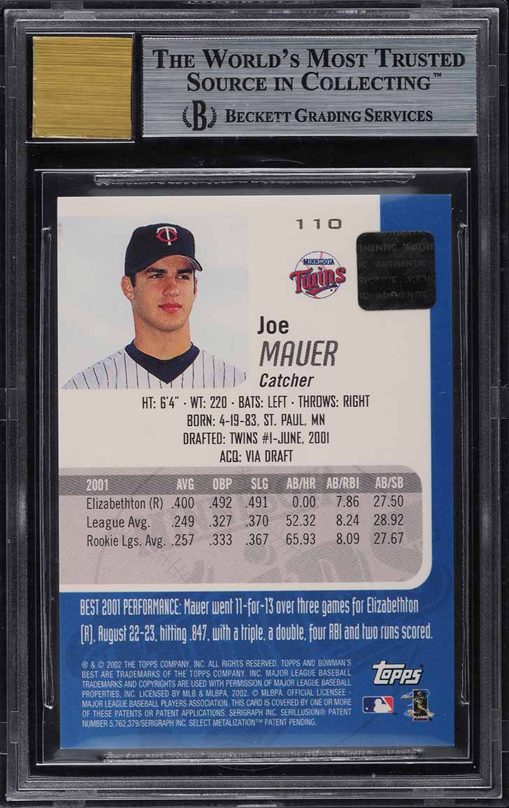 2002 Bowman's Best Blue Joe Mauer ROOKIE RC AUTO #110 BGS 9 MINT