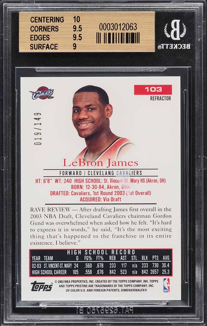 2003 Topps Pristine Refractor LeBron James ROOKIE RC /149 BGS 9.5 GEM MINT
