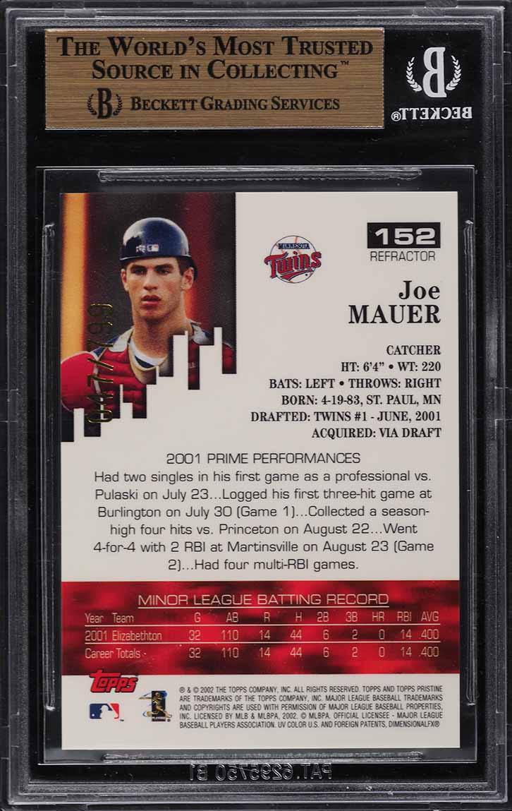 2002 Topps Pristine Refractor Joe Mauer ROOKIE /799 #152 BGS 9.5 GEM MINT