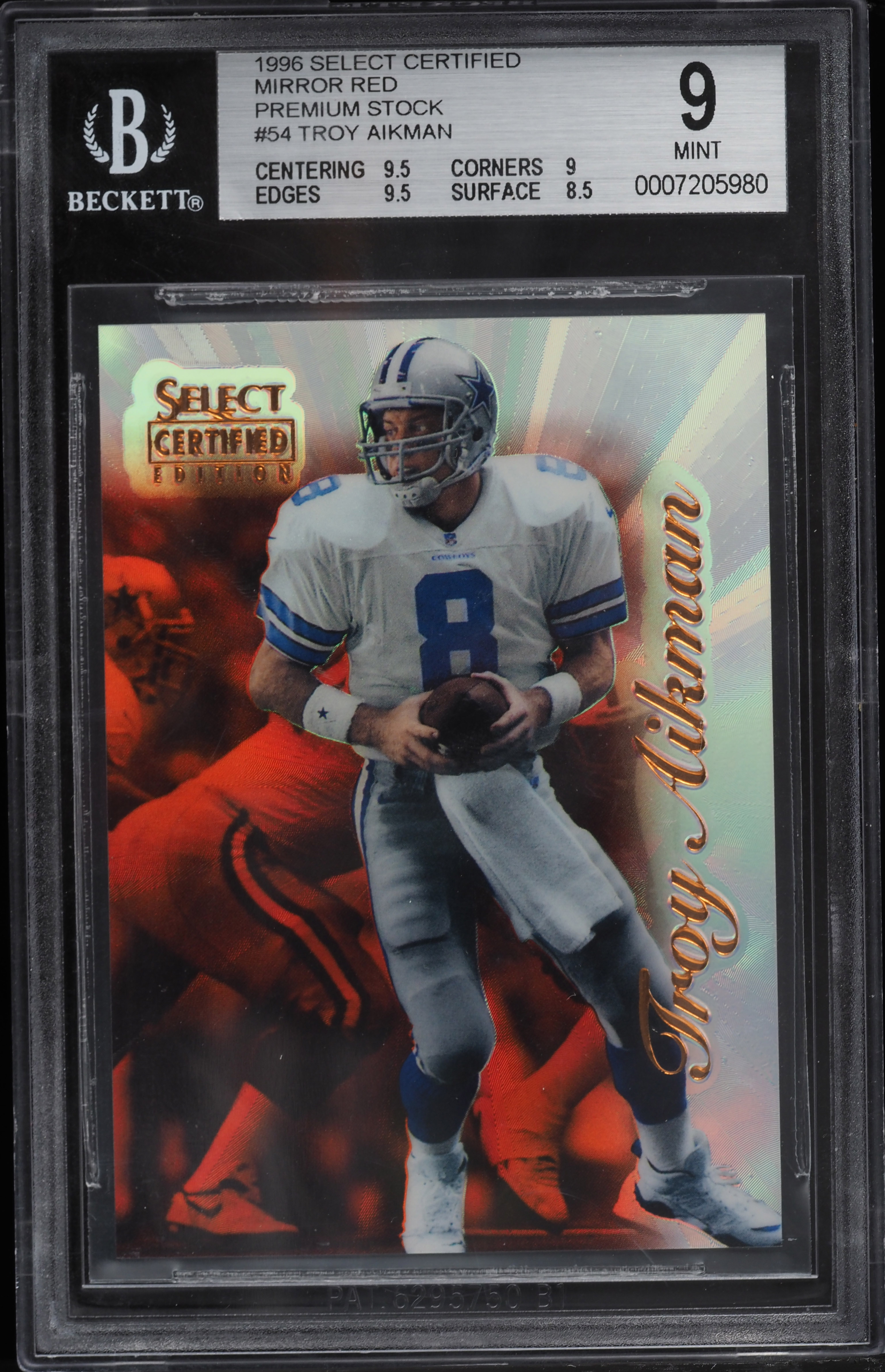 1996 Select Certified Mirror Red Premium Stock Troy Aikman /20 #54