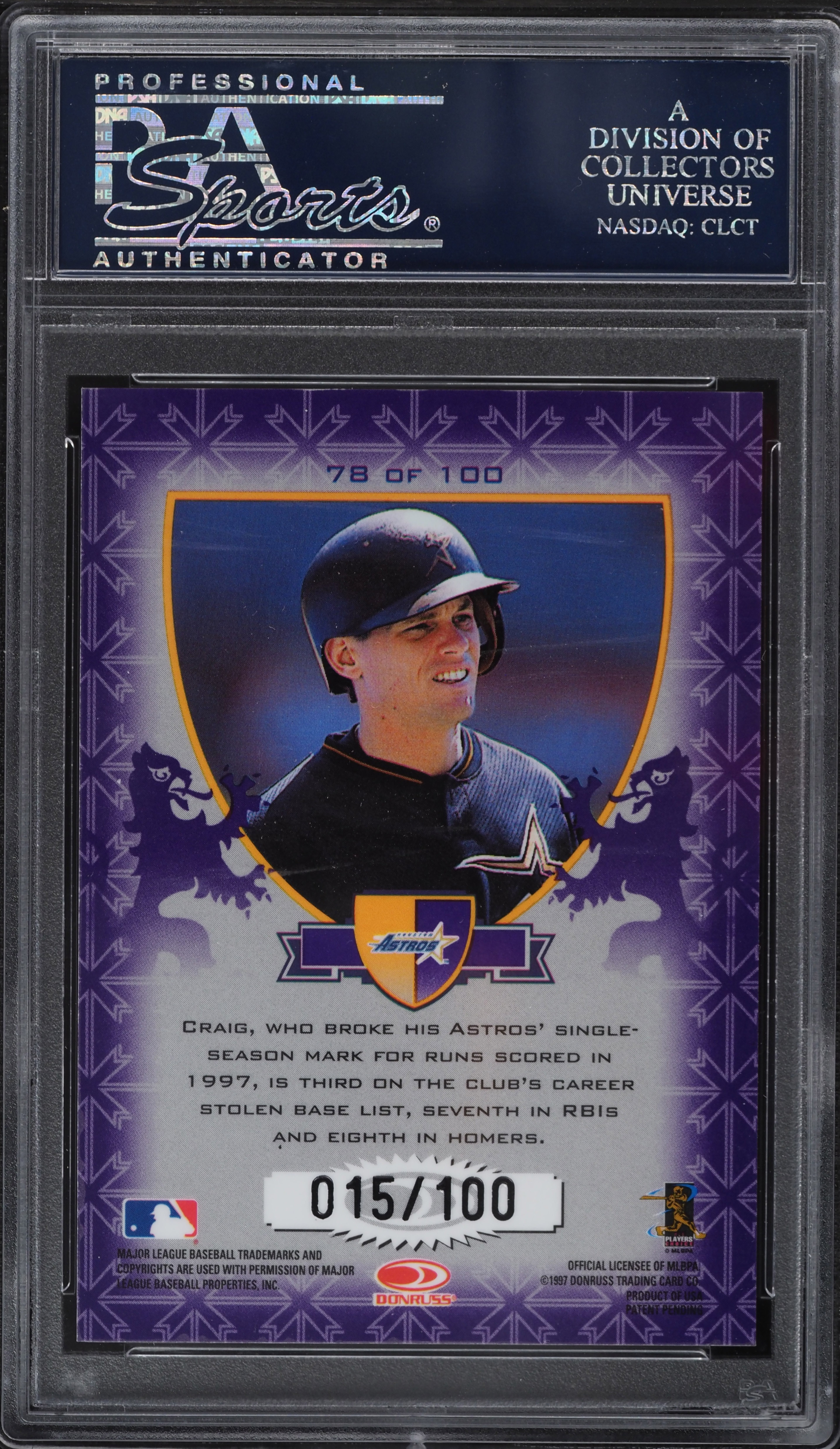 1998 Donruss Crusade Purple Craig Biggio /100 #78 PSA 10 GEM MINT 