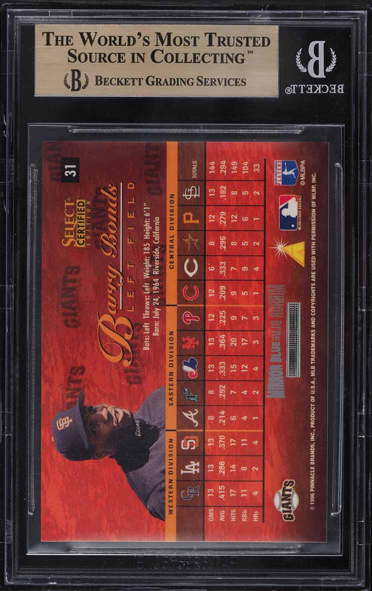 1996 Select Certified Mirror Blue Barry Bonds /45 #31 BGS 9.5 GEM MINT