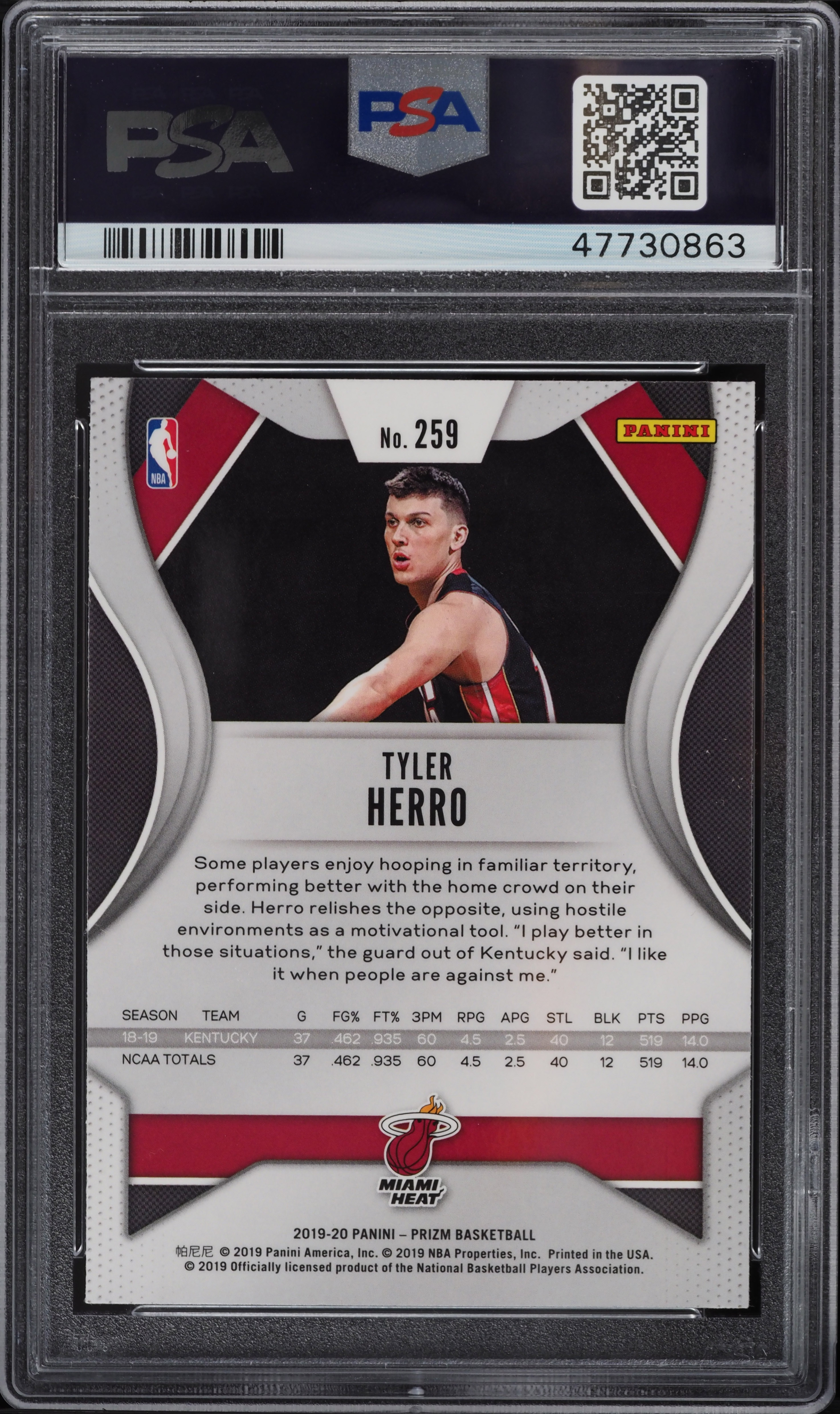 2019 Panini Prizm Tyler Herro ROOKIE RC #259 PSA 9 MINT on