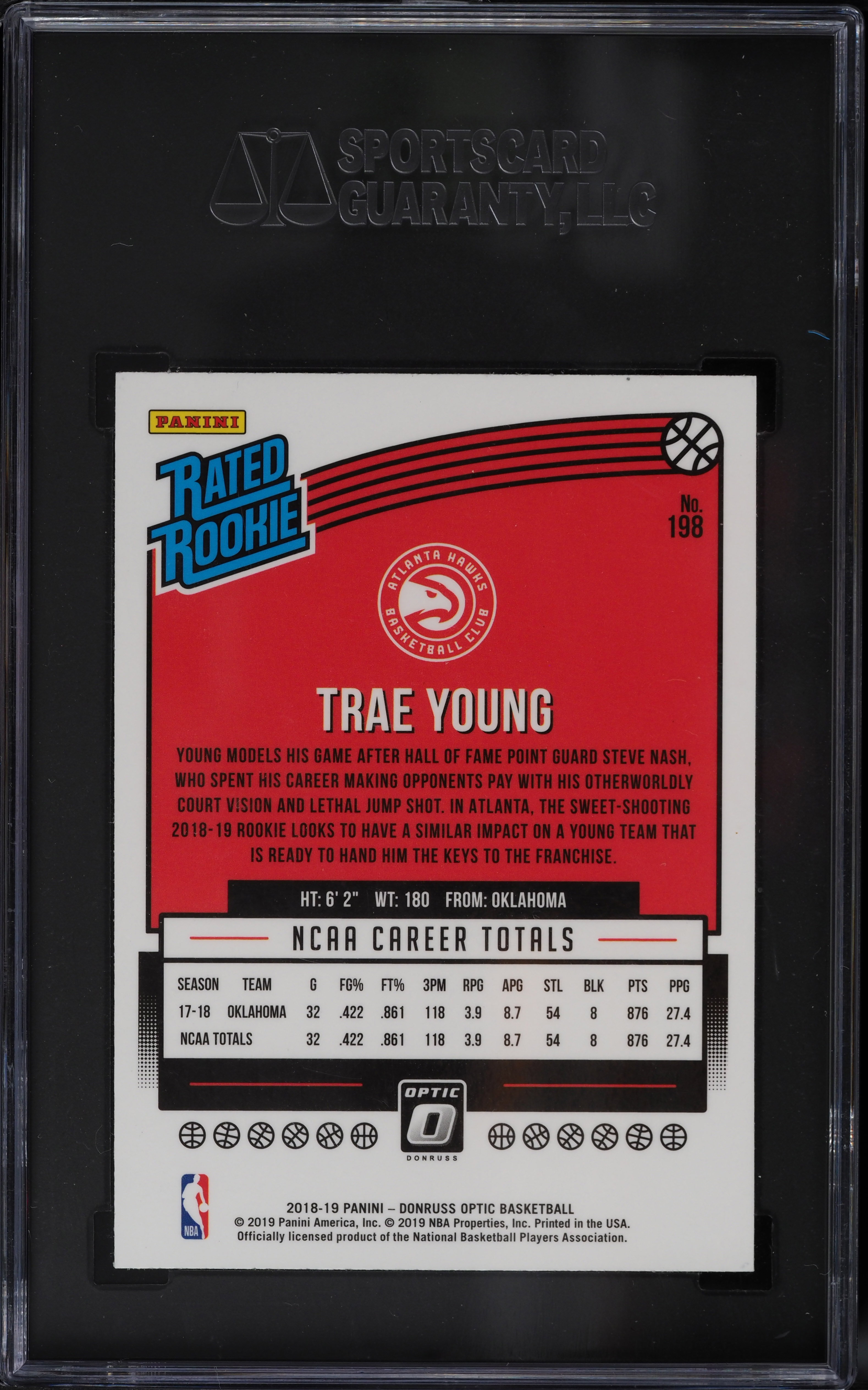 2018 Donruss Optic Trae Young ROOKIE RC #198 SGC 9 MINT on