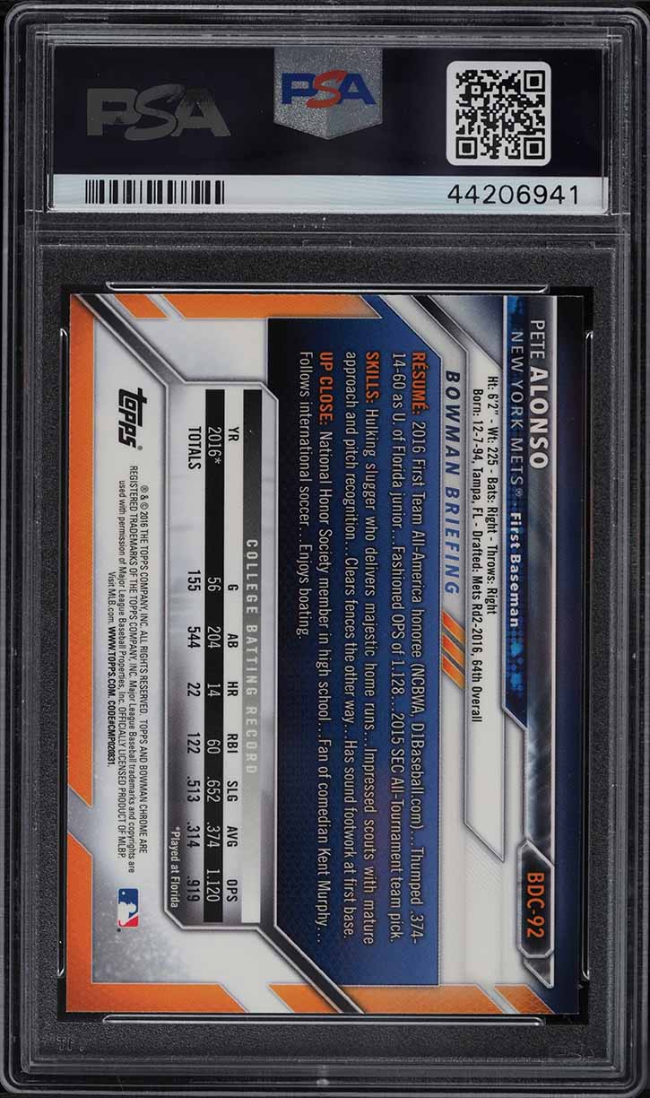2016 Bowman Chrome Draft Pete Alonso ROOKIE RC #BDC92 PSA 9 MINT