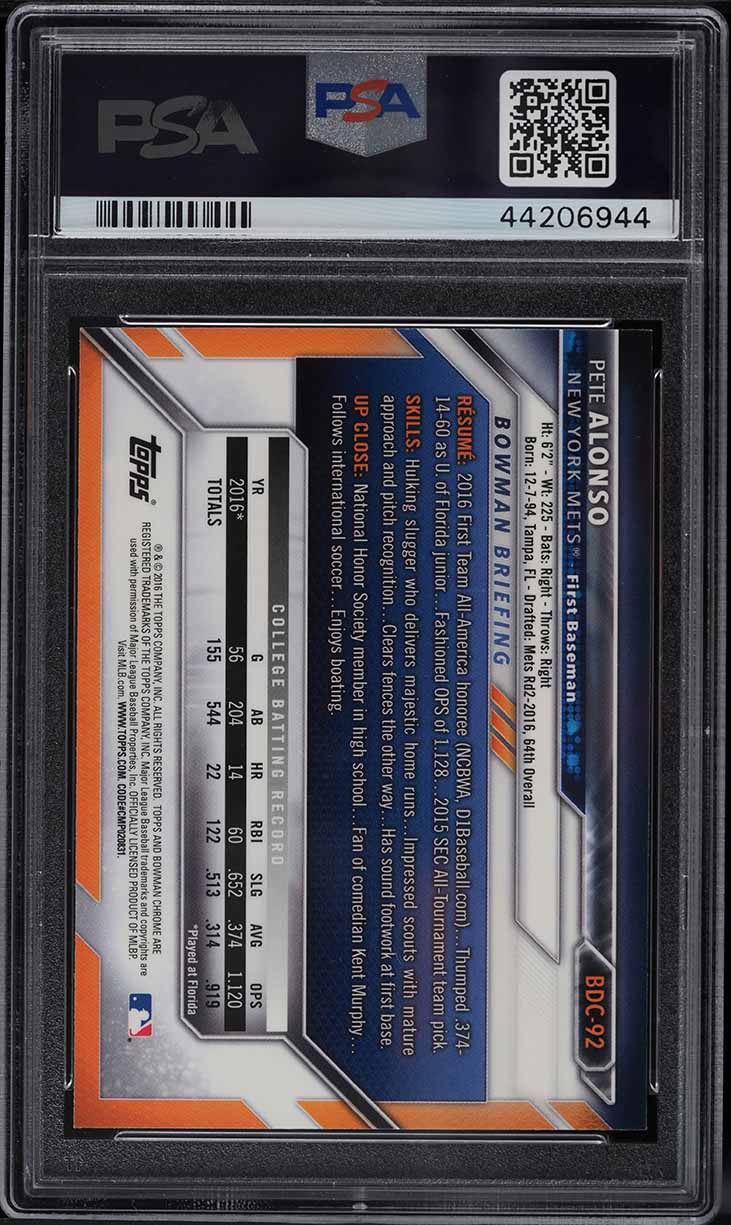 2016 Bowman Chrome Draft Pete Alonso ROOKIE RC #BDC92 PSA 9 MINT