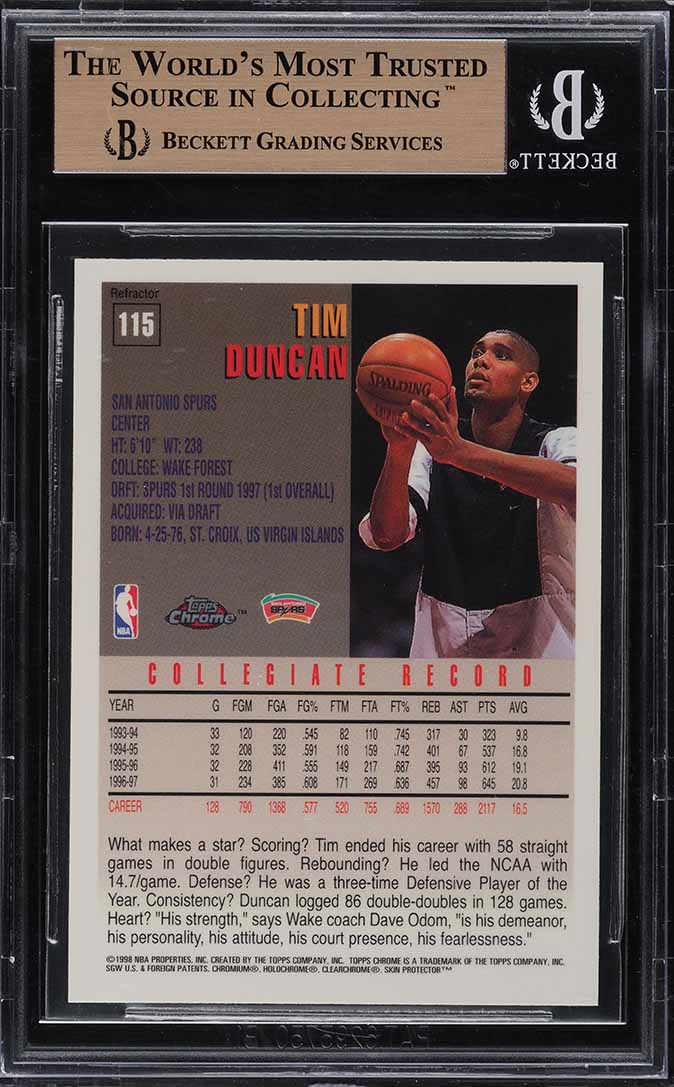 1997 Topps Chrome Refractor Tim Duncan ROOKIE #115 BGS 10 PRISTINE