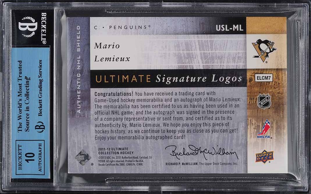 2011 Ultimate Collection Mario Lemieux NHL SHIELD PATCH AUTO /1 #USL-ML BGS AUTH