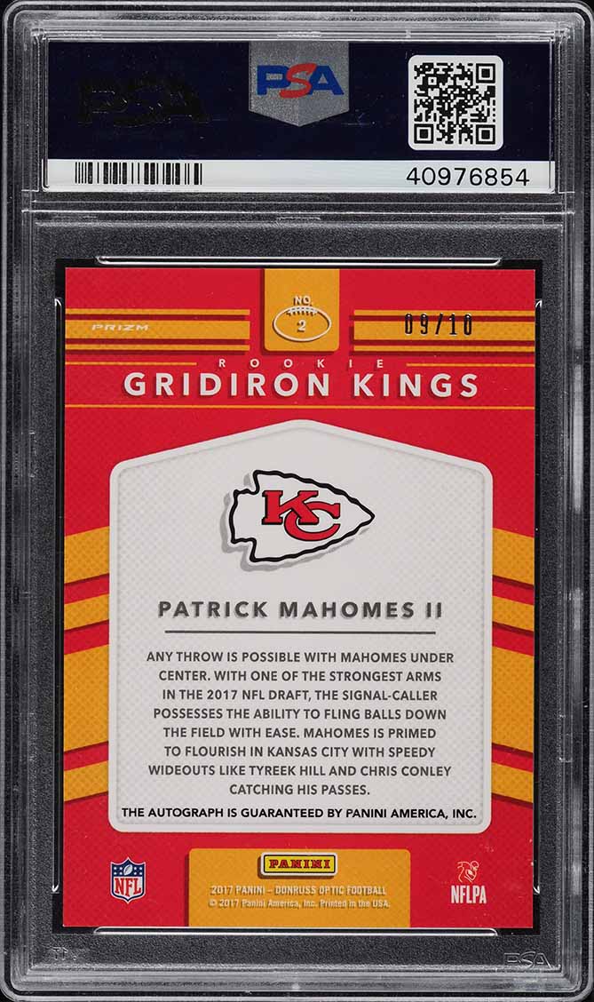 2017 Donruss Optic Gridiron Kings Patrick Mahomes II ROOKIE AUTO /10 #2 PSA 10
