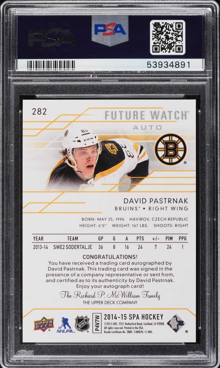 2014 SP Authentic David Pastrnak ROOKIE AUTO /999 #282 PSA 10 GEM MINT