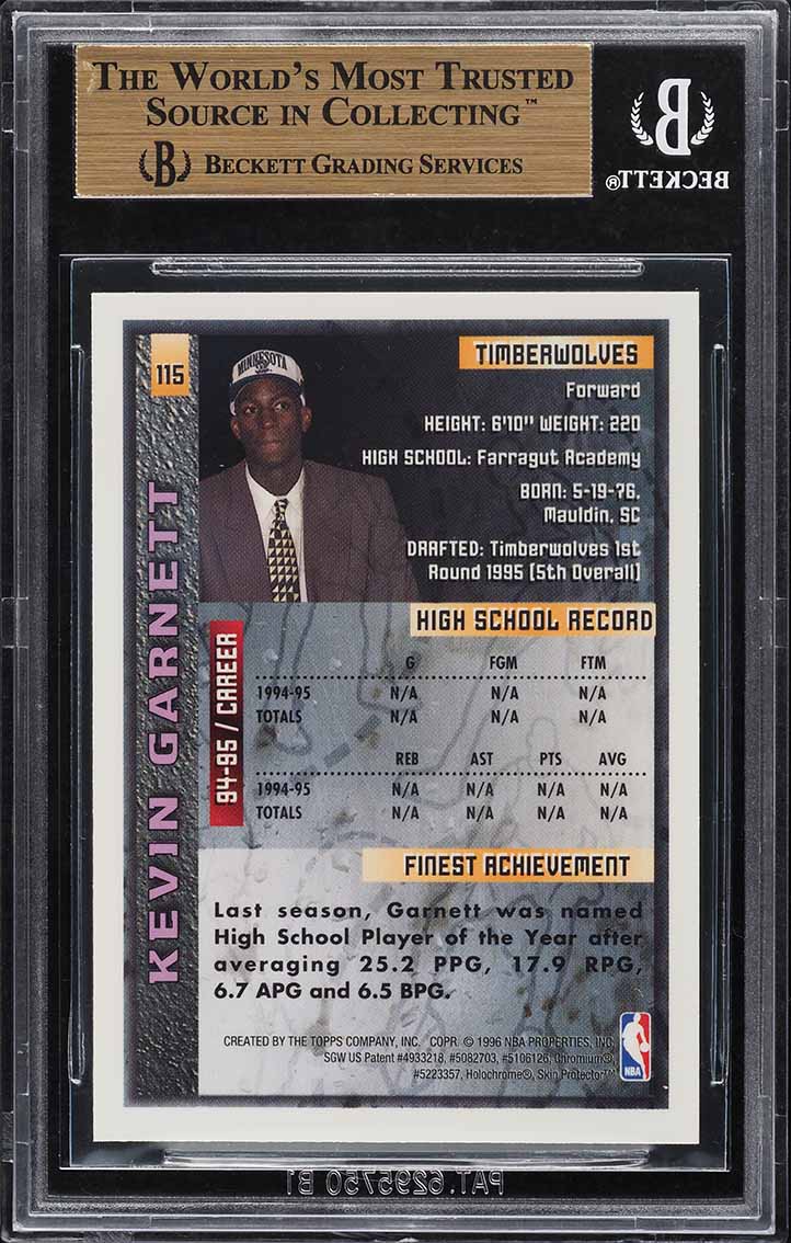 1995 Finest Basketball Kevin Garnett ROOKIE #115 BGS 9.5 GEM MINT