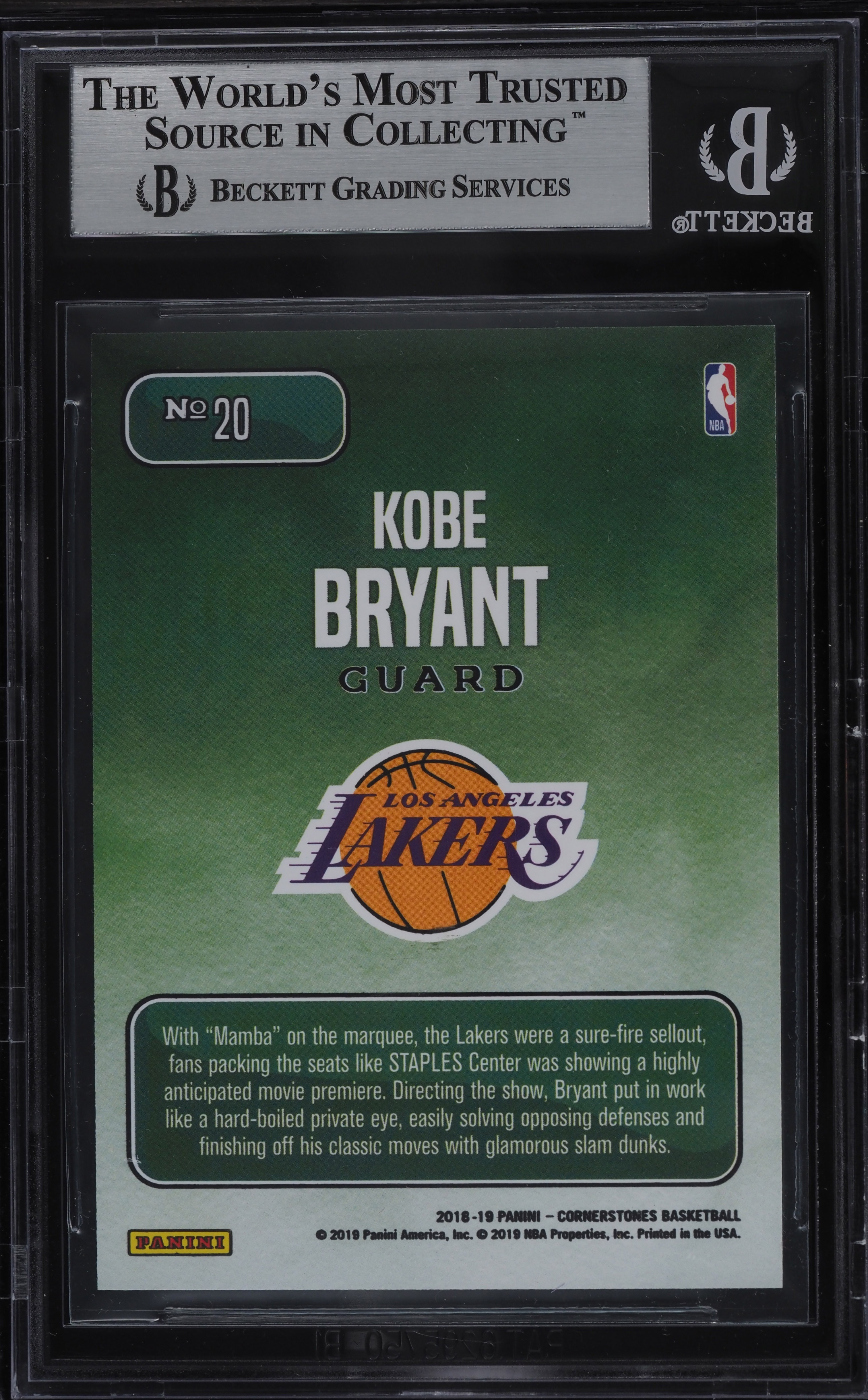 2018 Panini Cornerstones Downtown Kobe Bryant #20 BGS 9 MINT on