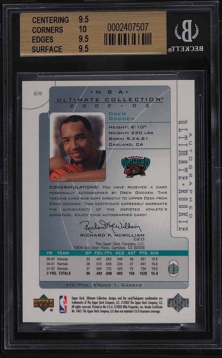 2002 Ultimate Collection Drew Gooden ROOKIE AUTO /250 #69 BGS 9.5 GEM MINT