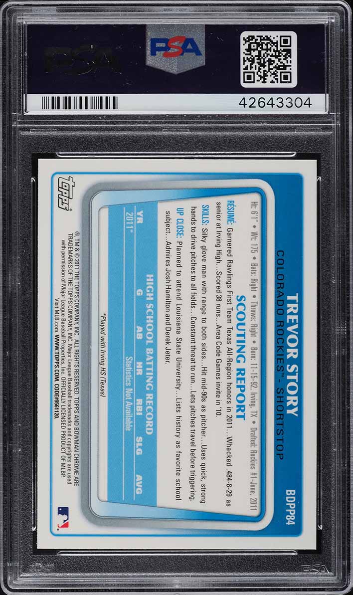 2011 Bowman Chrome Draft Prospects Trevor Story ROOKIE #BDPP84 PSA 10 GEM MINT