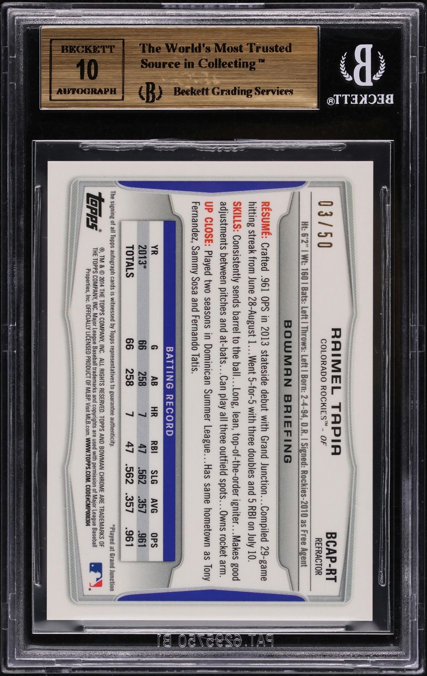 2014 Bowman Chrome Blue Wave Refractor Raimel Tapia ROOKIE AUTO /50 BGS 9.5 GEM