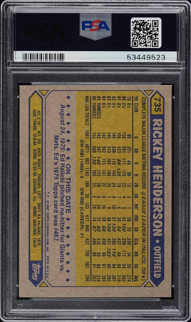 1987 Topps Rickey Henderson #735 PSA 10 GEM MINT