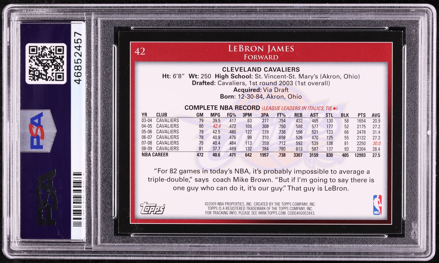 2009 Topps Basketball LeBron James #42 PSA 8 NM-MT