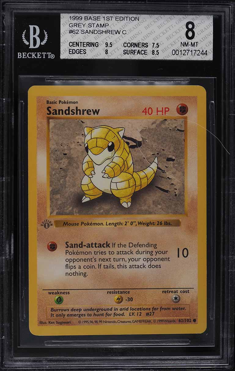 1999 Pokemon Base Set Shadowless 1st Edition Grey Stamp Sandshrew #62 BGS 8 on Fanatics Collect 1999 Pokemon Base Set Shadowless 1st Edition Grey Stamp Sandshrew #62 BGS 8 on Fanatics Collect