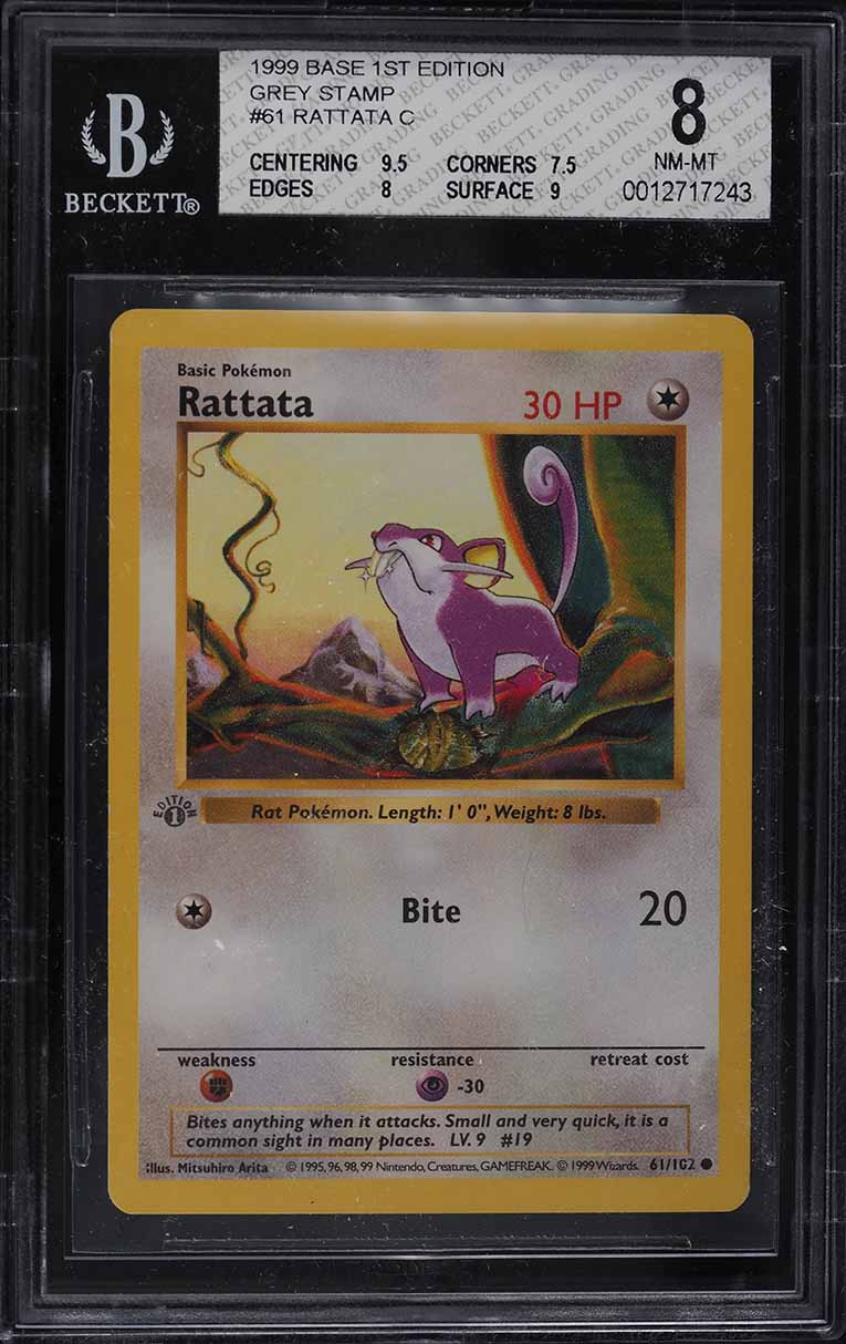 1999 Pokemon Base Set Shadowless 1st Edition Grey Stamp Rattata #61 BGS 8 NM-MT