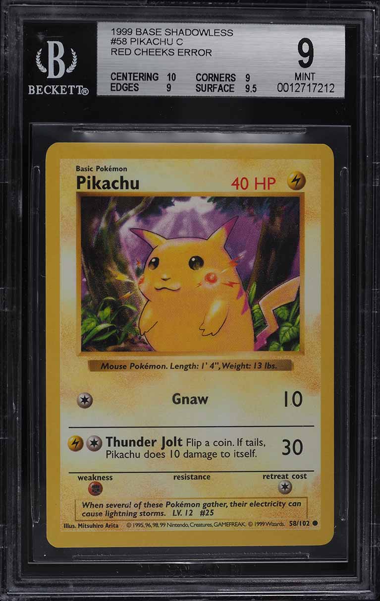 red cheeks pikachu card first edition 1999 Pokemon Base Set Shadowless Red Cheeks Pikachu #58 BGS 9 MINT