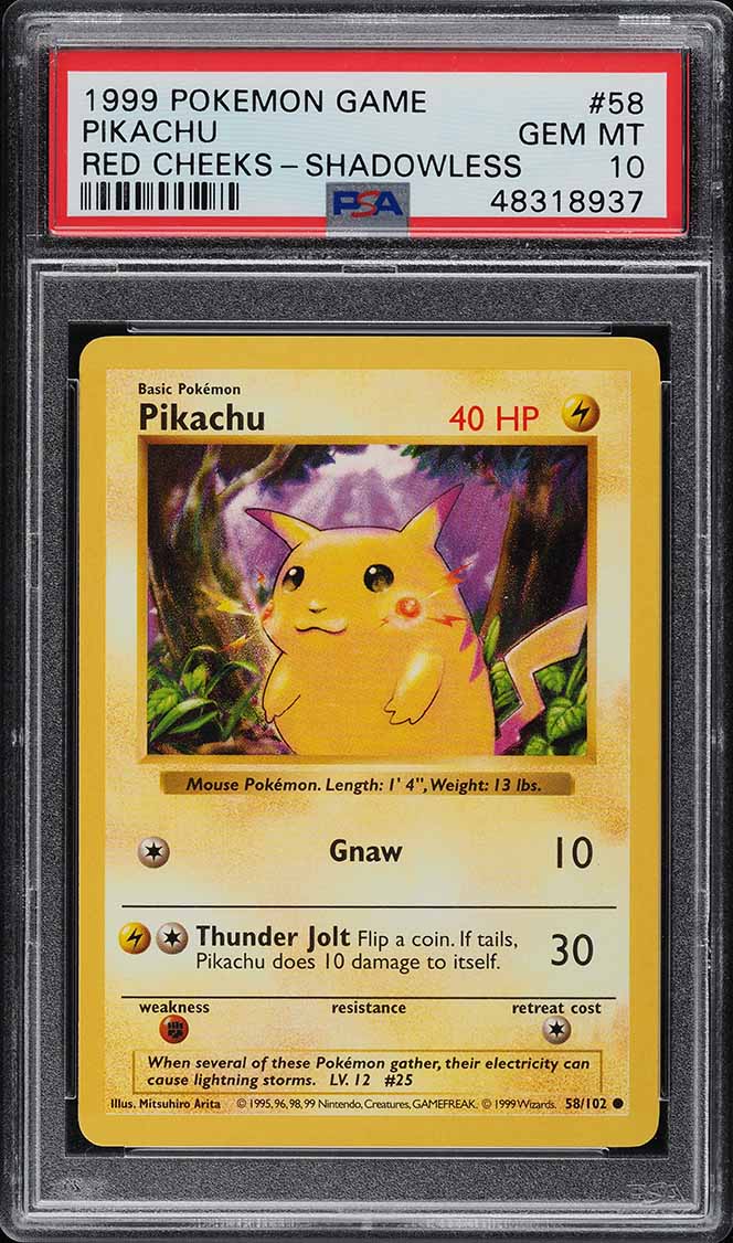 1999 Pokemon Base Set Shadowless Red Cheeks Pikachu #58 PSA 10 GEM MINT