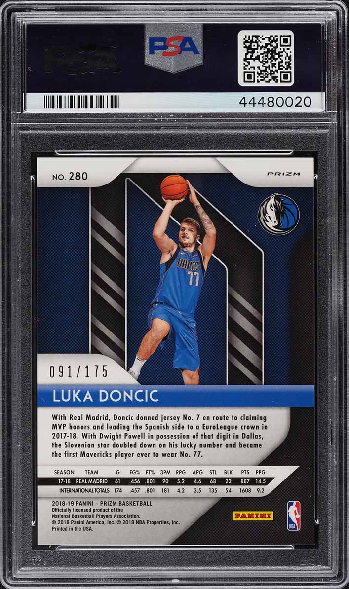 2018 Panini Prizm Fast Break Blue Prizms Luka Doncic ROOKIE RC /175 #280 PSA 10