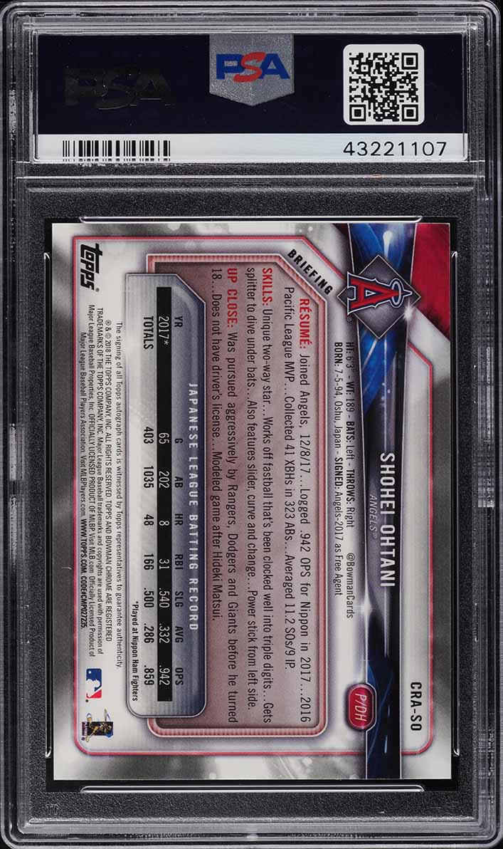 2018 Bowman Chrome Shohei Ohtani ROOKIE RC AUTO #SO PSA 9 MINT