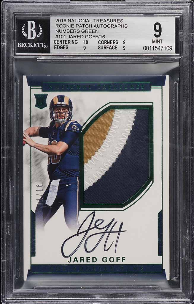2016 National Treasures Green Jared Goff ROOKIE PATCH AUTO /16 #101 BGS 9 MINT