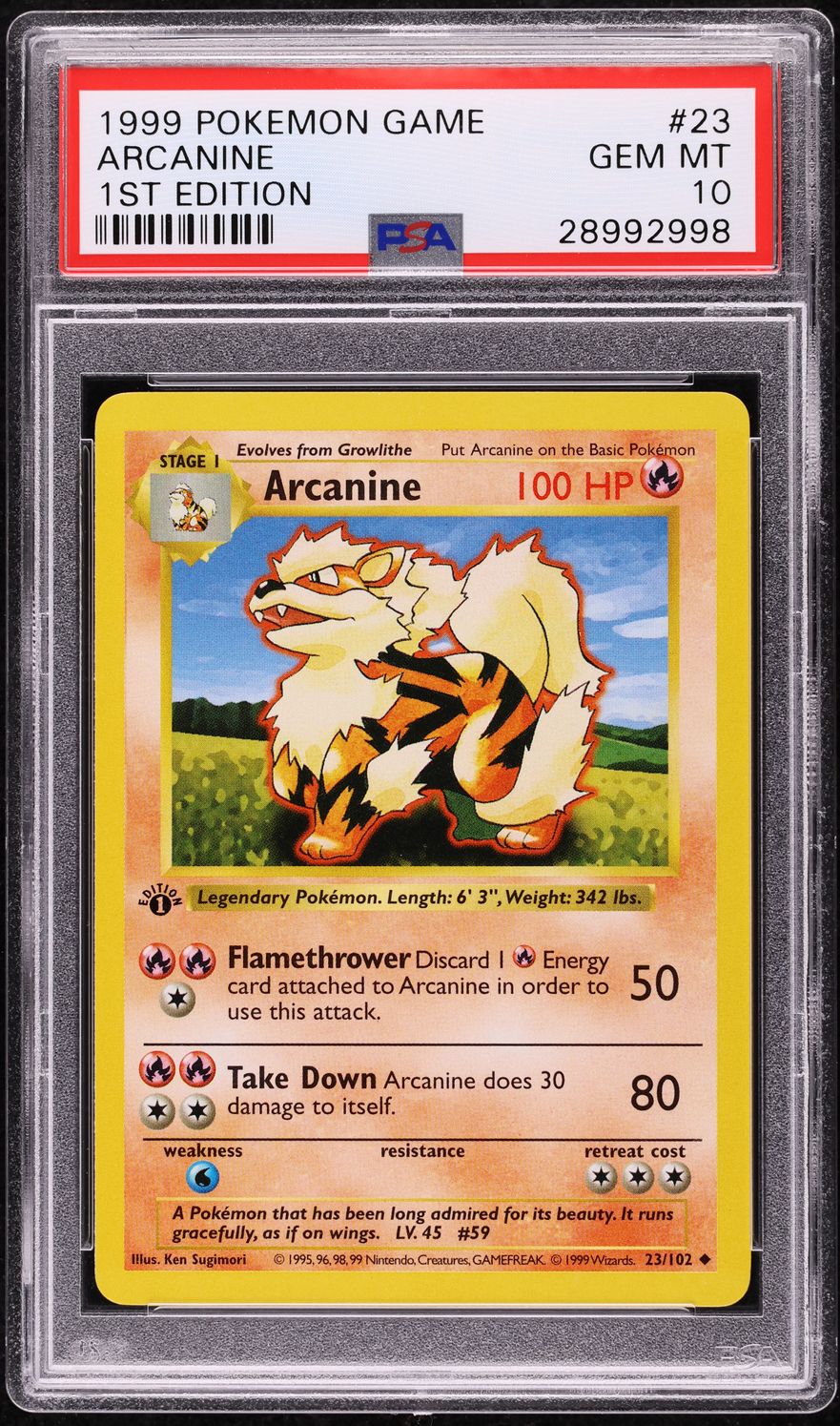 1999 Pokemon Base Set Shadowless 1st Edition Arcanine #23 PSA 10