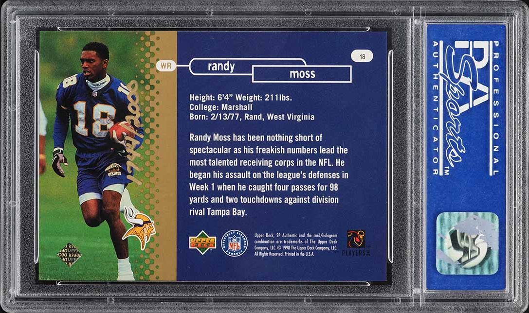 1998 SP Authentic Randy Moss ROOKIE /2000 #18 MBA PSA 10 GEM MINT
