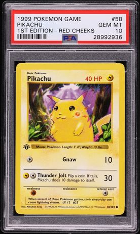 1999 Pokemon Base Set Shadowless 1st Edition Red Cheeks Pikachu #58 PSA 10
