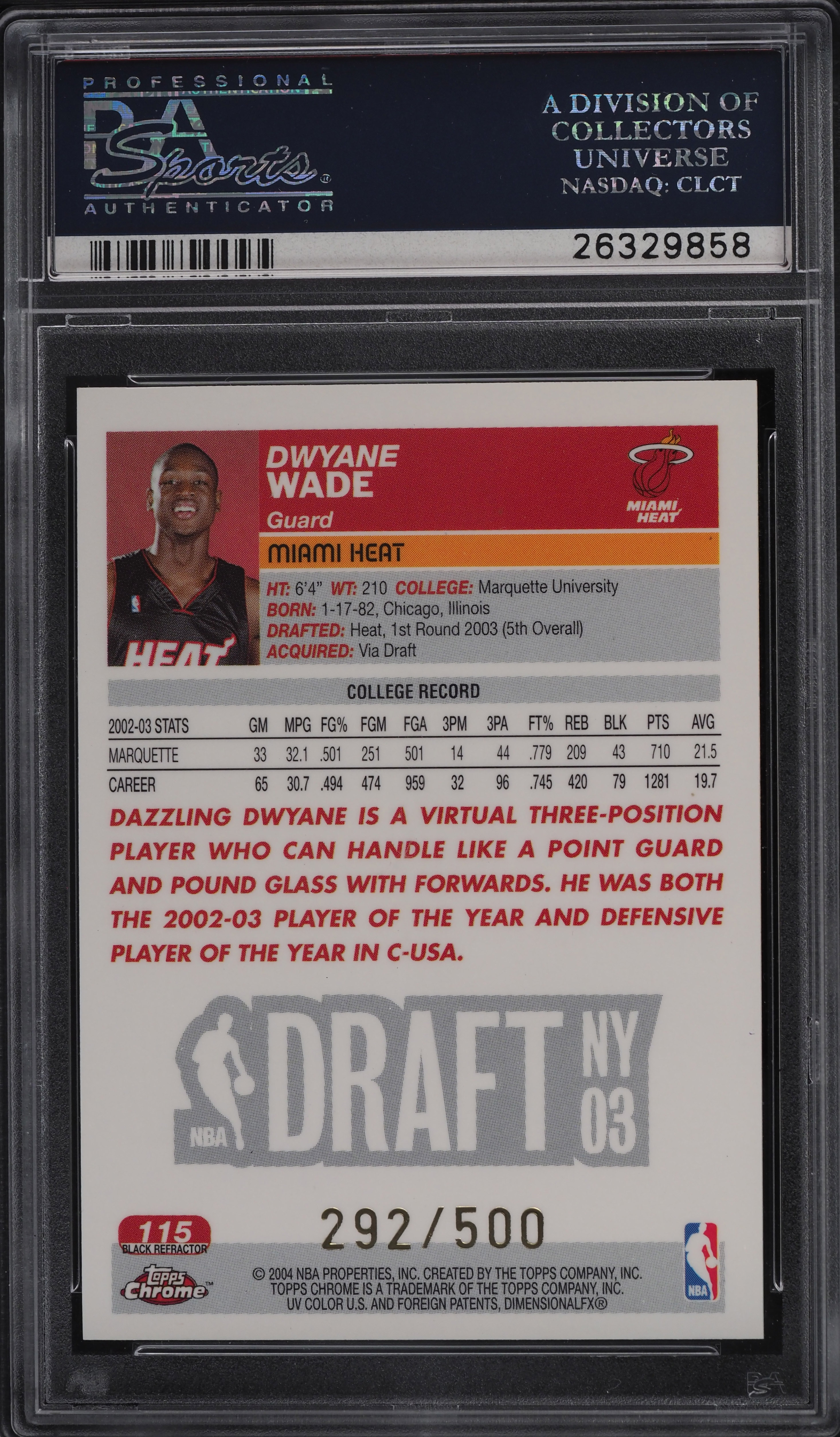 2003 Topps Chrome Black Refractor Dwyane Wade ROOKIE RC /500 #115