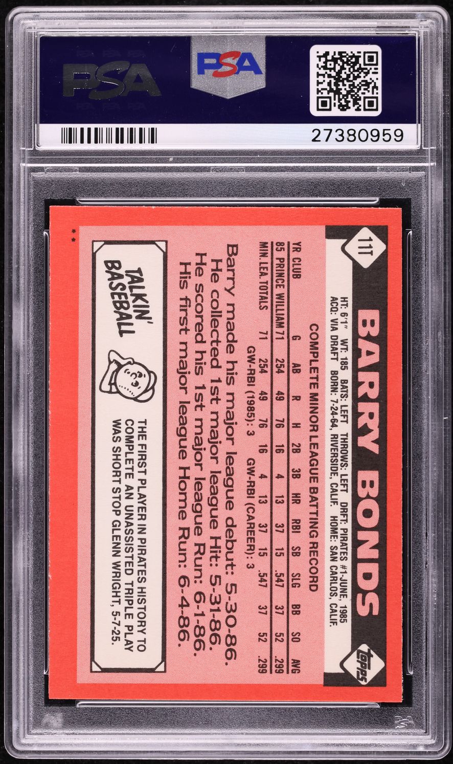 1986 Topps Traded Barry Bonds ROOKIE #11T PSA 9 MINT