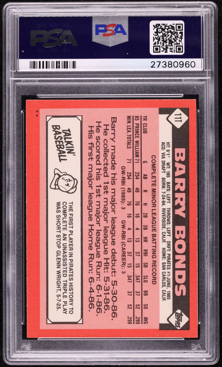1986 Topps Traded Barry Bonds ROOKIE #11T PSA 9 MINT