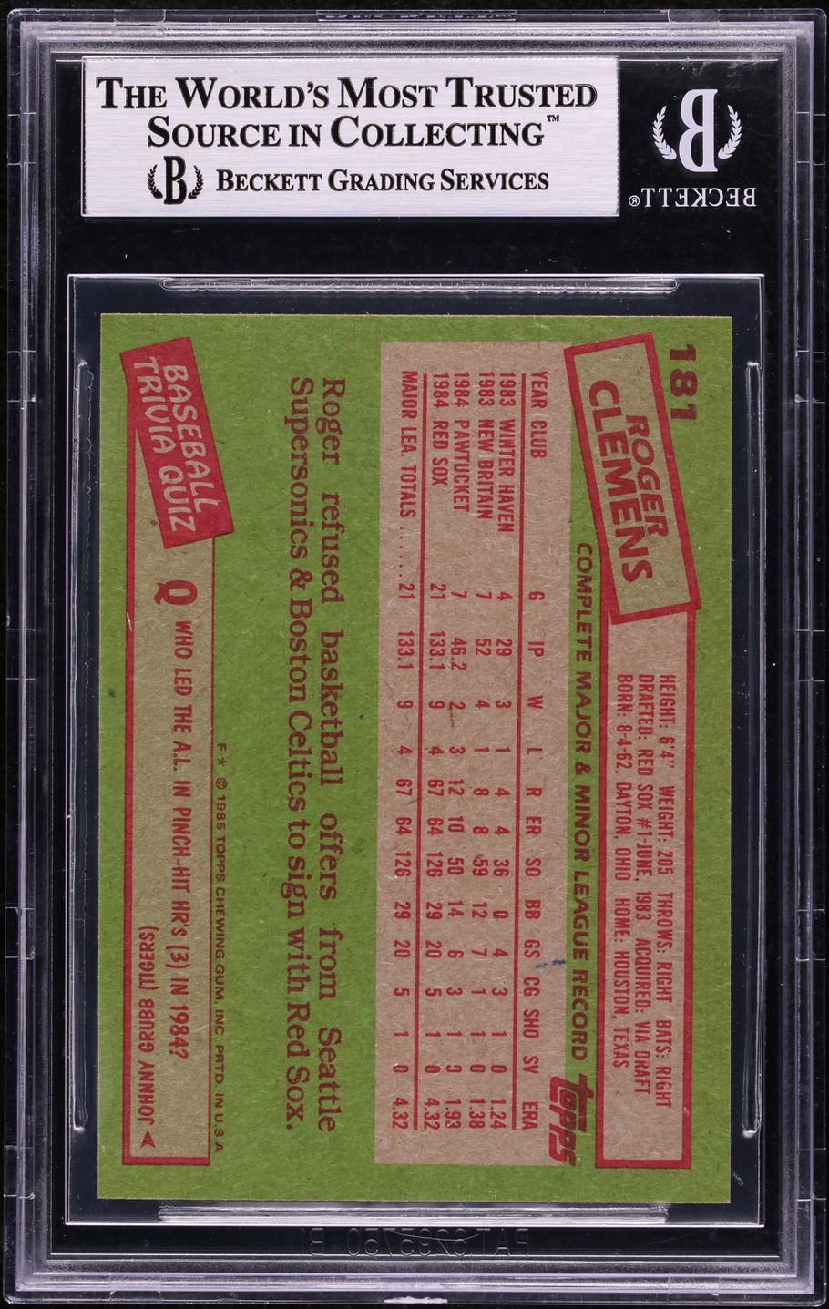 1985 Topps Roger Clemens ROOKIE #181 BGS 9 MINT on Fanatics Collect