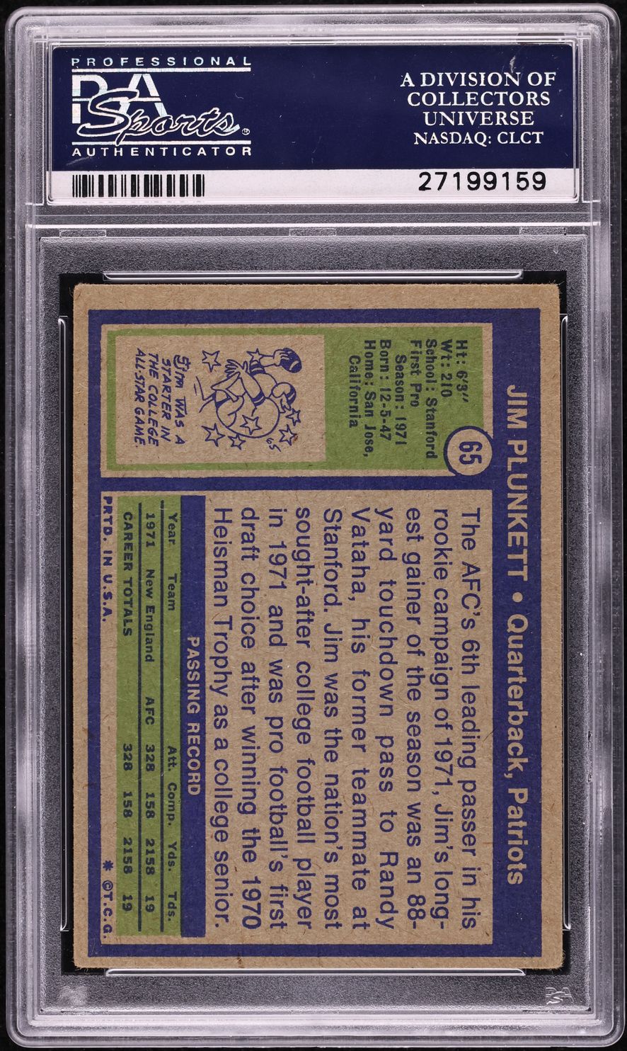 1972 Topps Football Jim Plunkett ROOKIE #65 PSA 3 VG
