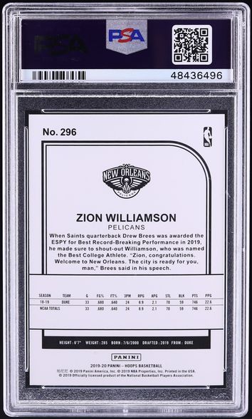 2019 Hoops Winter Tribute Zion Williamson ROOKIE #296 PSA 9 MINT