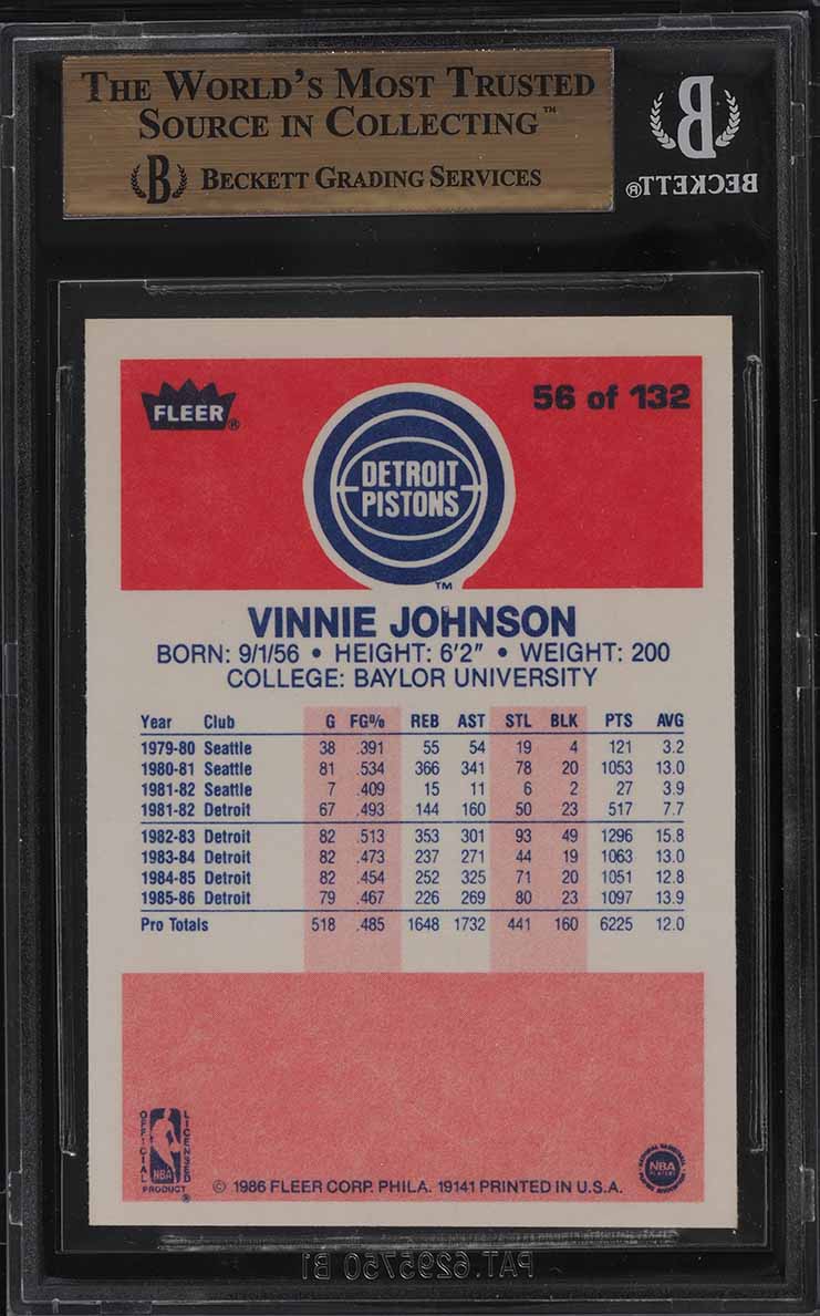 1986 Fleer Basketball Vinnie Johnson #56 BGS 9.5 GEM MINT