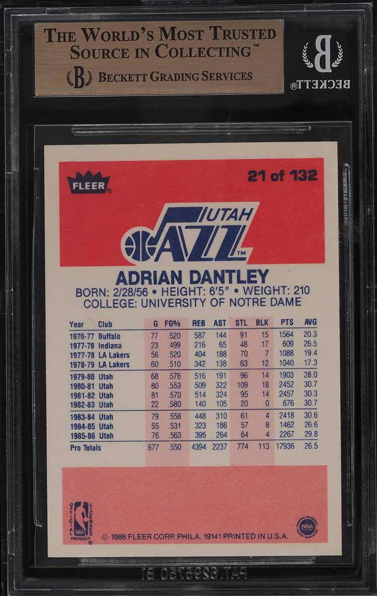 1986 Fleer Basketball Adrian Dantley #21 BGS 9.5 GEM MINT