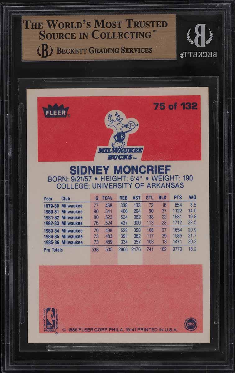 1986 Fleer Basketball Sidney Moncrief #75 BGS 9.5 GEM MINT